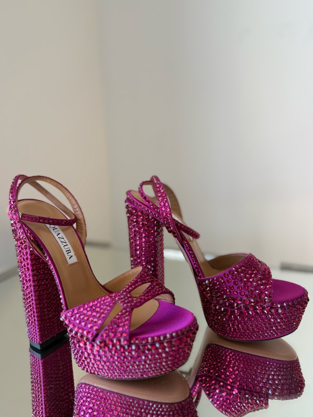 New AQUAZZURA Sinner Embellished Satin Platform Sandals In Pink $2,395 35.5 - Picture 6 of 12